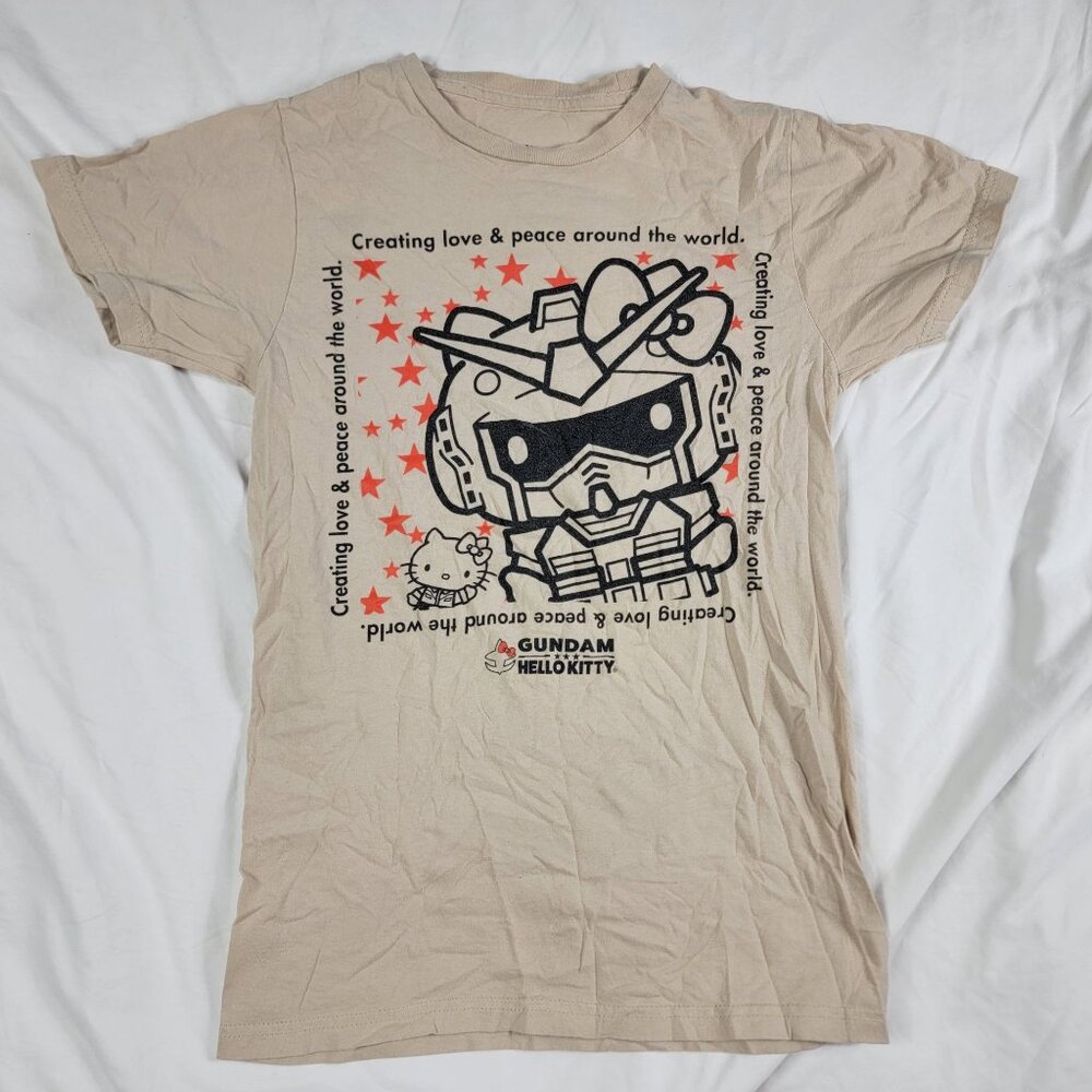 Gundam x Hello Kitty Collaboration Adults Small Beige T-Shirt Anime Casual